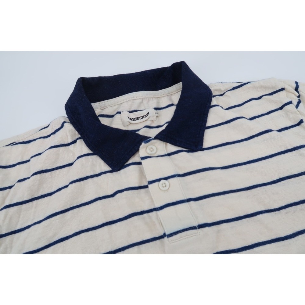 Taylor Stitch Mens 40 Cream Navy‎ Striped Denim Collar Short Sleeve Polo Shirt